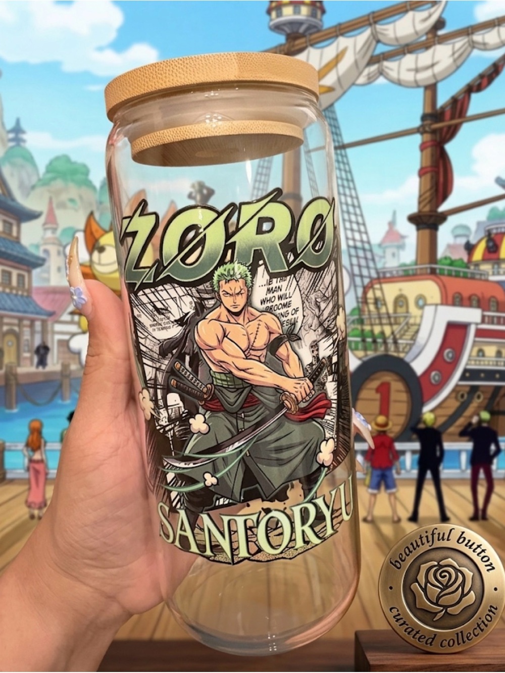 Custom 20oz Onepiece Zoro Glass Bottle with Green and Tan Accents